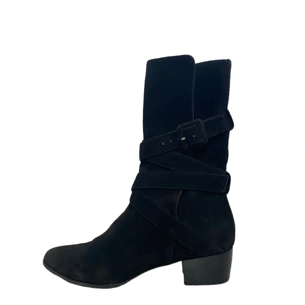 YSL Yves Saint Laurent Suede Fall Fold‎ Down Strappy Buckle Black Ankle Boots - Picture 5 of 11